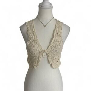 Y2K Boho Cottage Core Cream Crotchet Vest Front Tie Top Size Small 100% Cotton